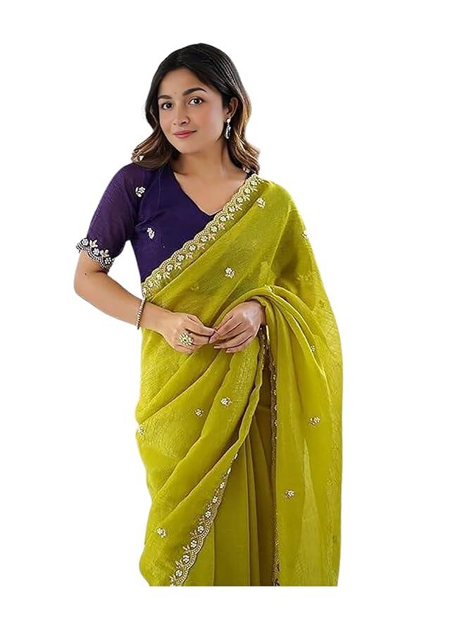 HMP Fashion Women’s Space Silk Saree with Pearl Work and Cut-Work Border HMP Fashion Women’s Space Silk Saree with Pearl Work and Cut-Work Border