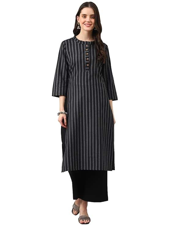 Hritika Women Dark Green Striped Cotton Blend Kurta