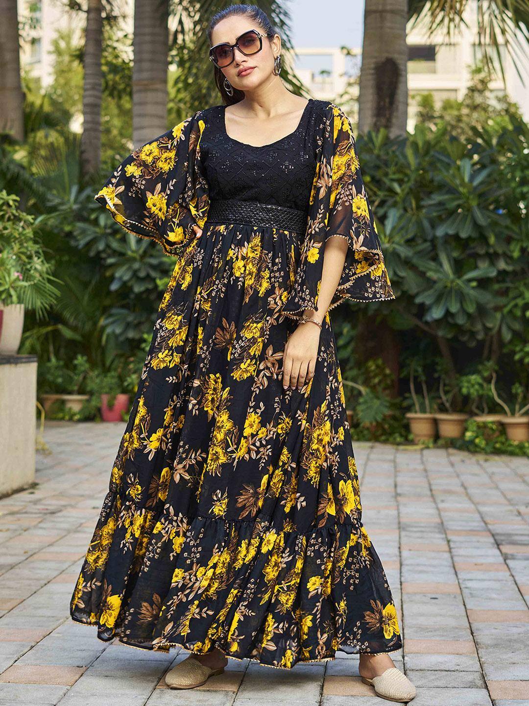  CHANSI Floral Printed Flared Sleeves Maxi Georgette Gown Ethnic Dress