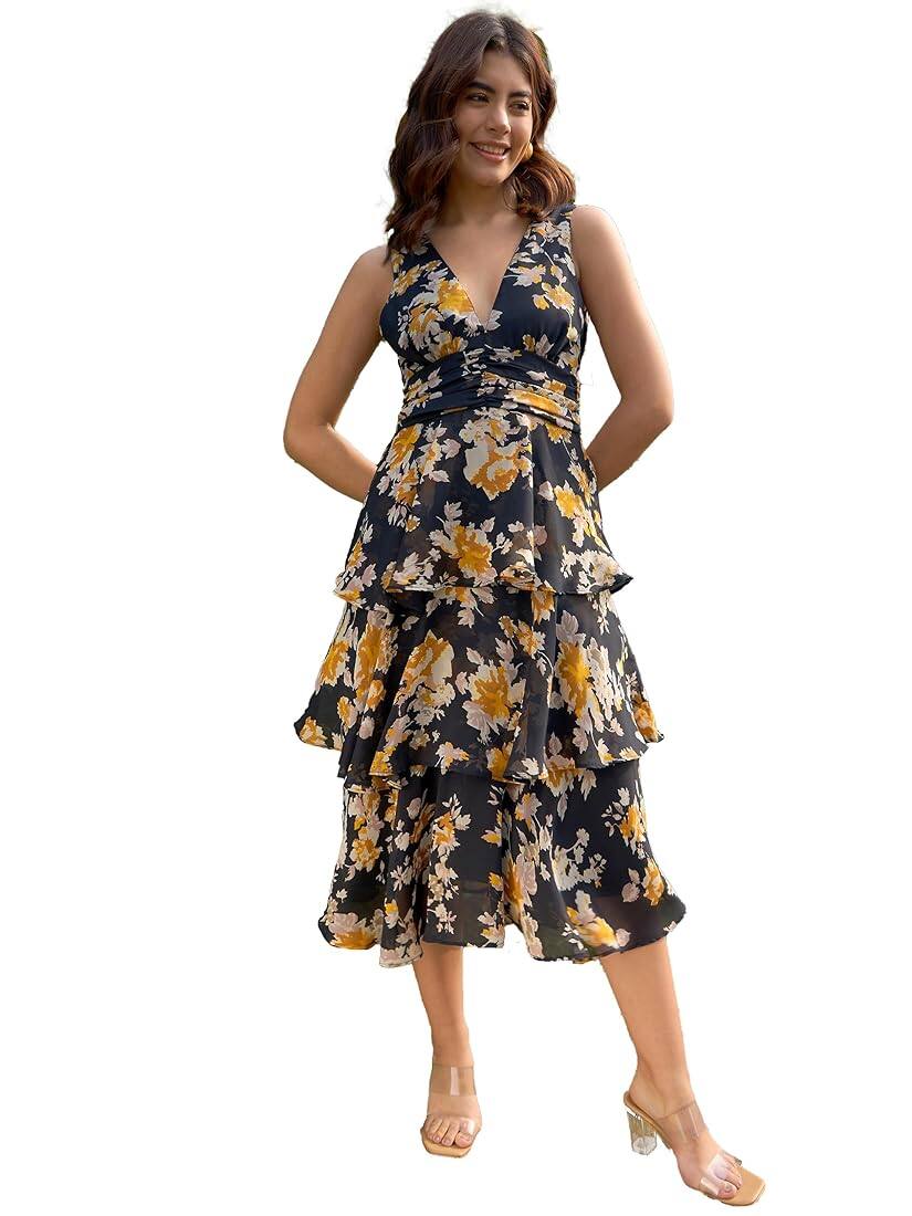  RARE V Neck Floral Printed Layered Georgette Fit &amp; Flare Midi Dress