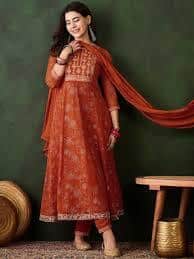  Sangria Floral Printed Zari Anarkali Kurta With Trousers &amp; Dupatta