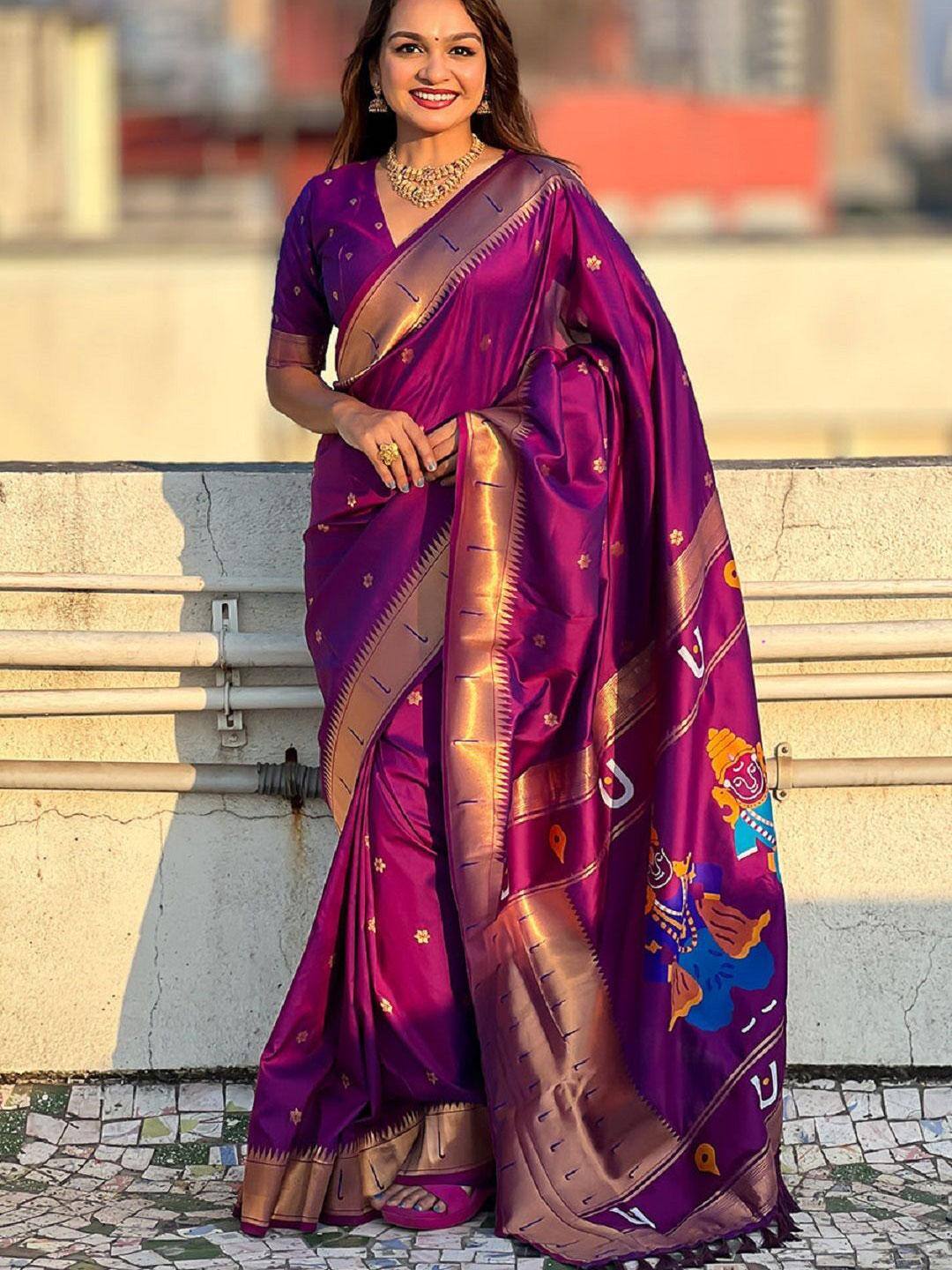  ELITE WEAVES Ethnic Motifs Zari Silk Blend Paithani Saree
