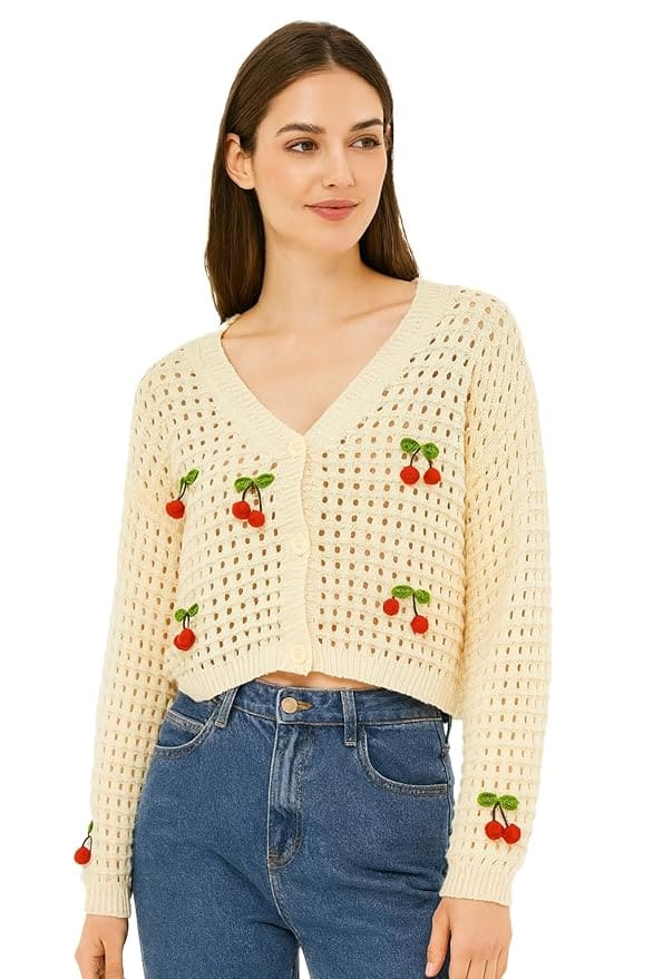 ICW Women Knit Cardigan with 3D Cherry V-Neck Long Sleeve Cropped Top Jacket ICW Women Knit Cardigan with 3D Cherry V-Neck Long Sleeve Cropped Top Jacket