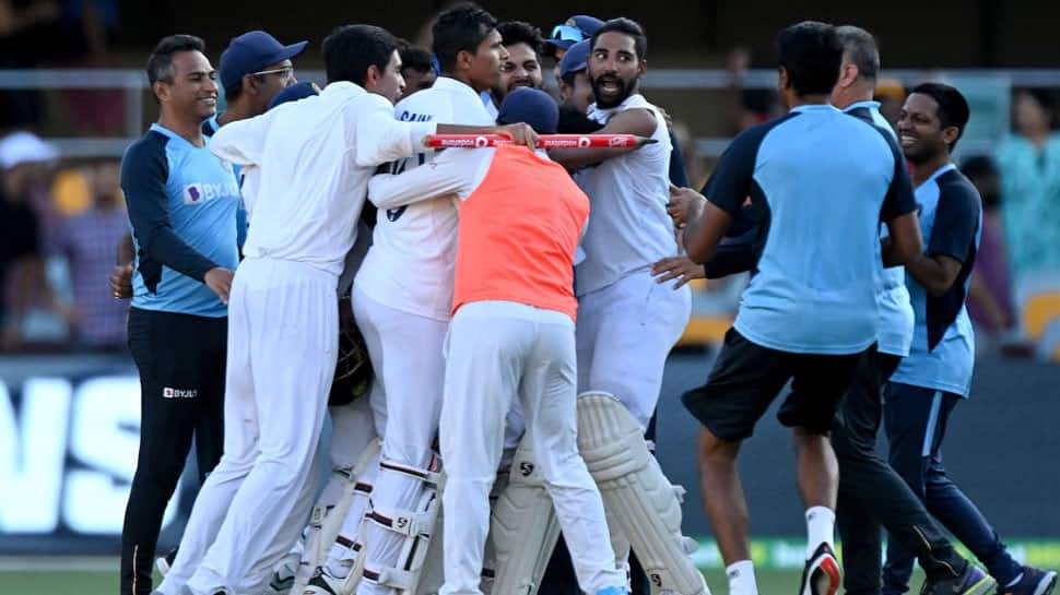 Team India celebrate after win against Australia in Brisbane. (Source: Twitter/BCCI)
