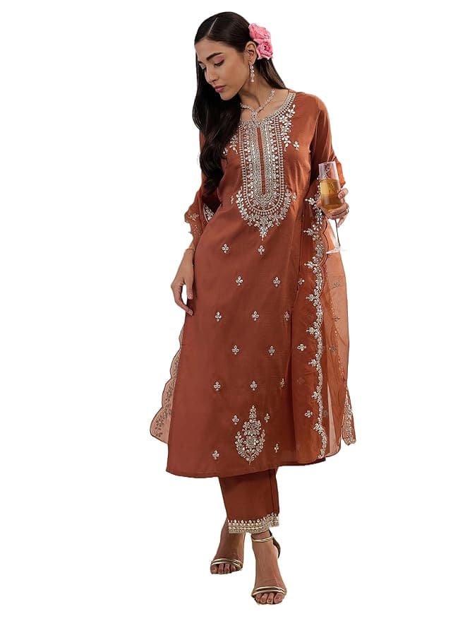 INDO ERA Women’s Embroidered Silk Blend Straight Kurta Pant With Dupatta Set