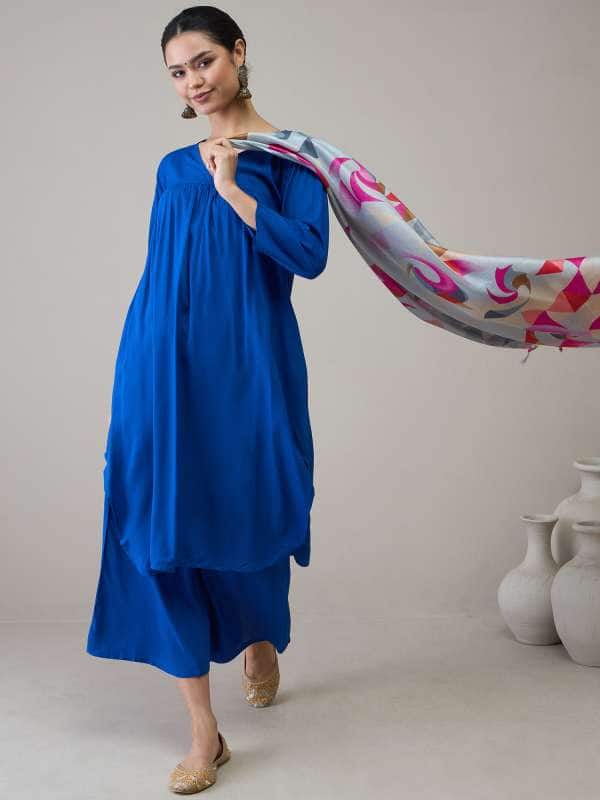 In Weave Pleated Kurta with Palazzos &amp; Dupatta