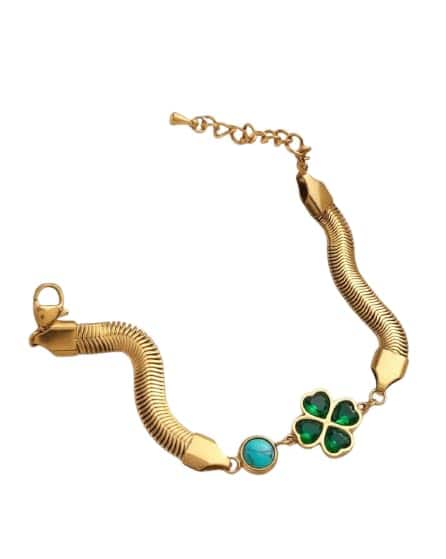 Ivory Dreams Green Clover Gold Plated Snake Chain Bracelet