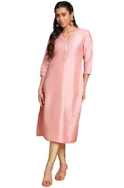 Janasya Women's Silk Blend Straight Fit Solid Kurta Janasya Women's Silk Blend Straight Fit Solid Kurta