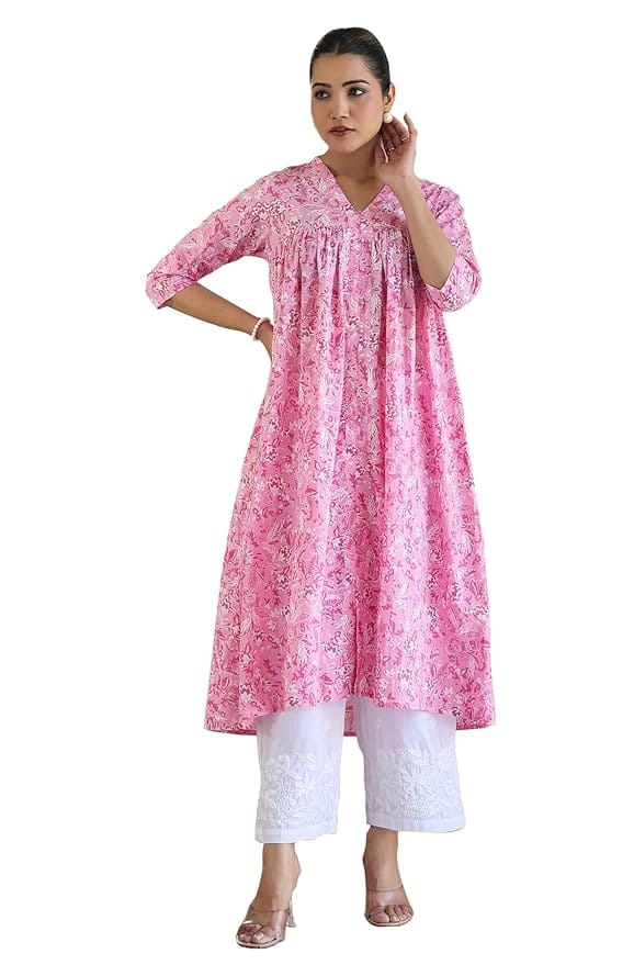 Janasya Women's Pink Pure Cotton Floral Printed Empire Kurta