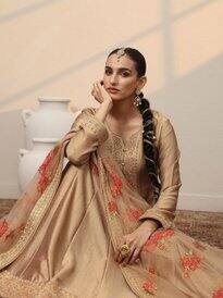  NEW Libas Embroidered Notch Neck Silk Zari Sequined A-Line Maxi Dress With Dupatta