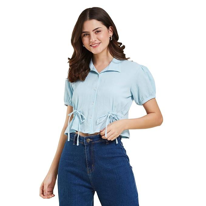 J TURRITOPSIS Women's Solid Cropped Casual Shirt Top