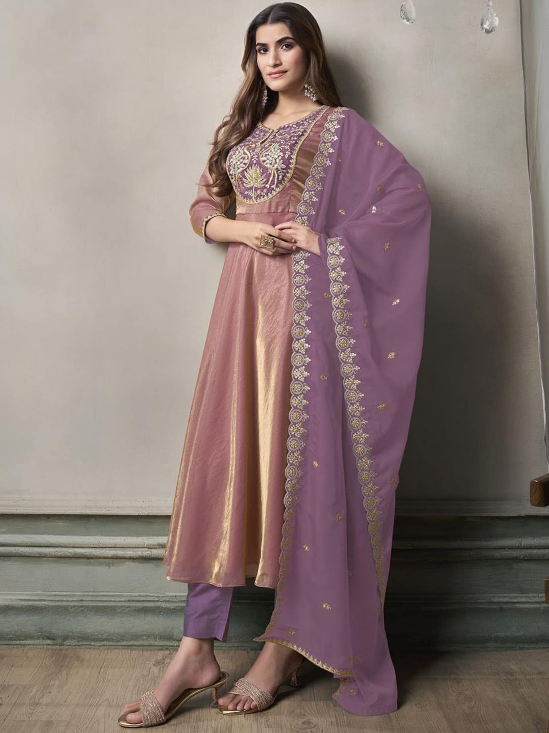 Inddus Women Floral Yoke Design Thread Work A-Line Crushed Organza Kurta Set