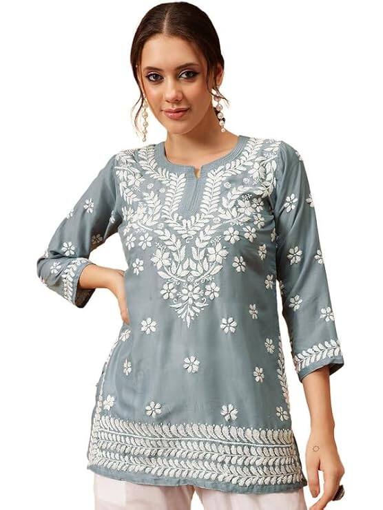 Ada Women's Embroidered Lucknowi Chikankari Short Kurti Ada Women's Embroidered Lucknowi Chikankari Short Kurti