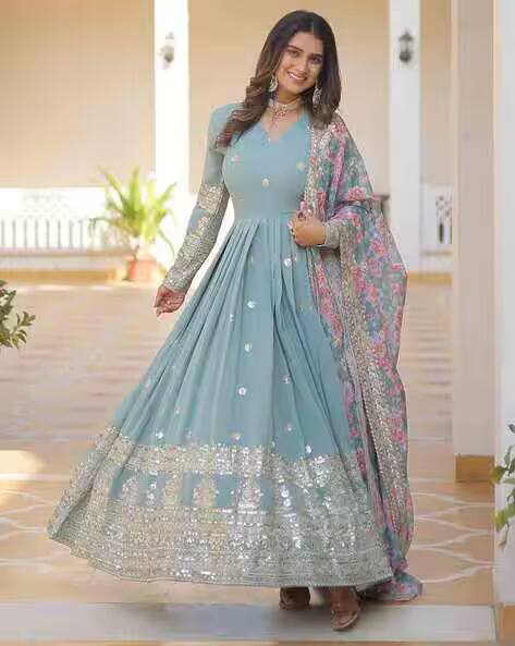 Kalini Floral Embroidered Georgette Anarkali Kurta with Dupatta