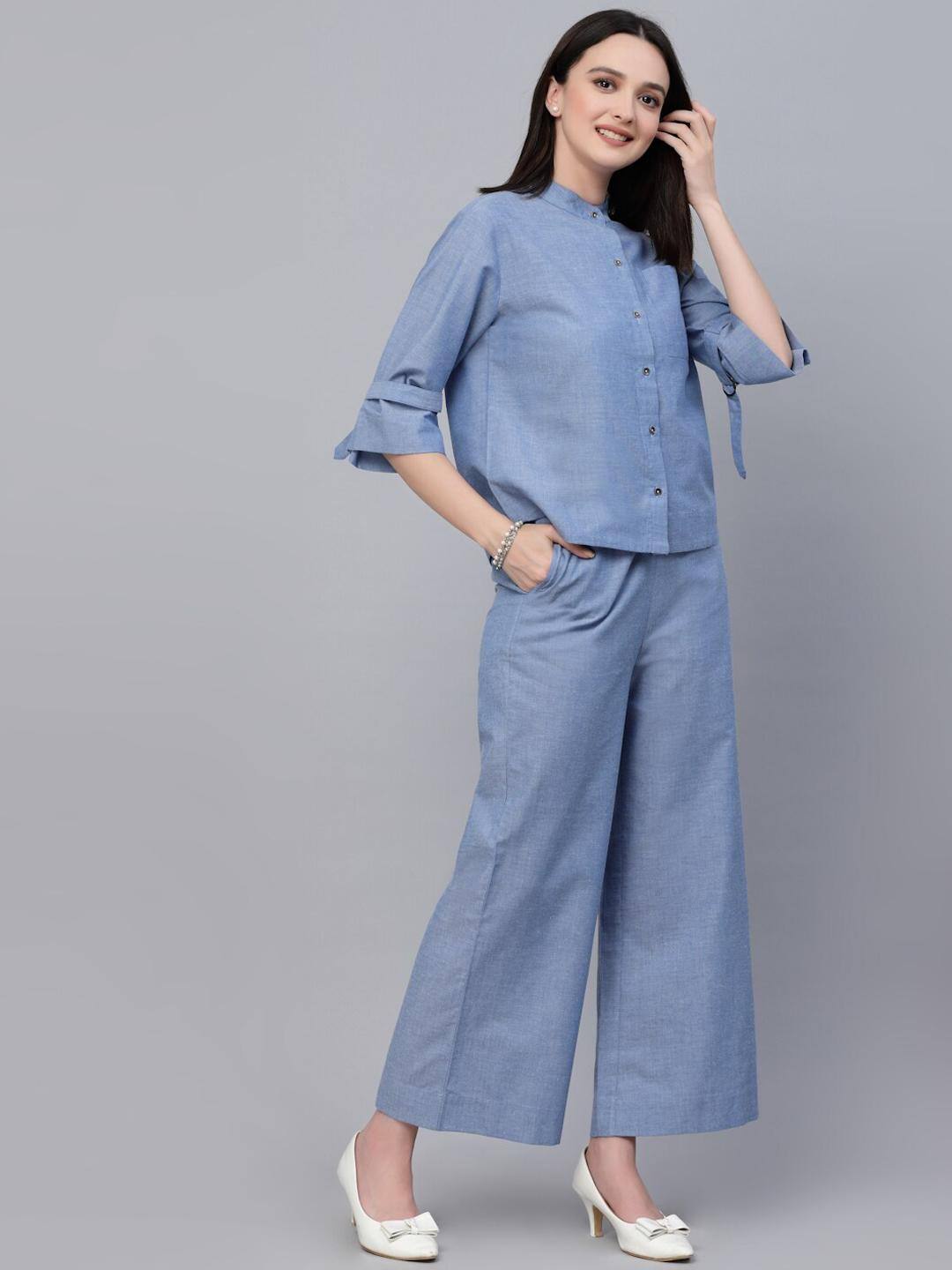 Style Quotient Pure Cotton Chambray Relaxed Fit Shirt With Palazzos Co-Ords Style Quotient Pure Cotton Chambray Relaxed Fit Shirt With Palazzos Co-Ords