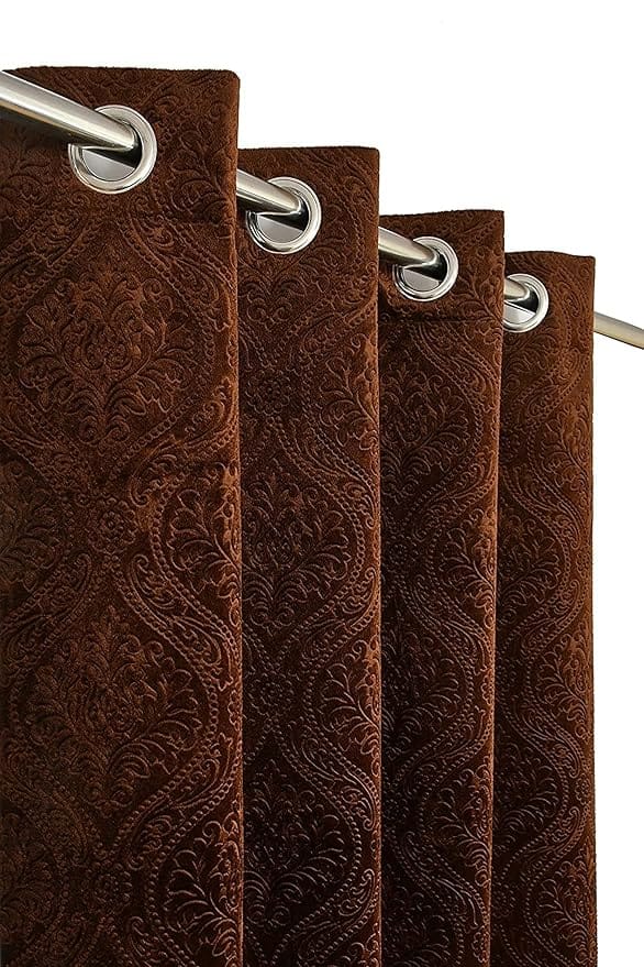 Kiara Creations Velvet Emboss Damas Room Darkening Curtains – 7 Feet, Brown (Pack of 2)