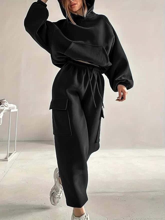 KOTTY Women’s Solid Sweatshirt with Sweatpant Set (Black)