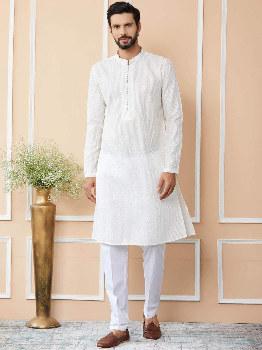 See Designs Striped Thread Work Kurta With Trousers