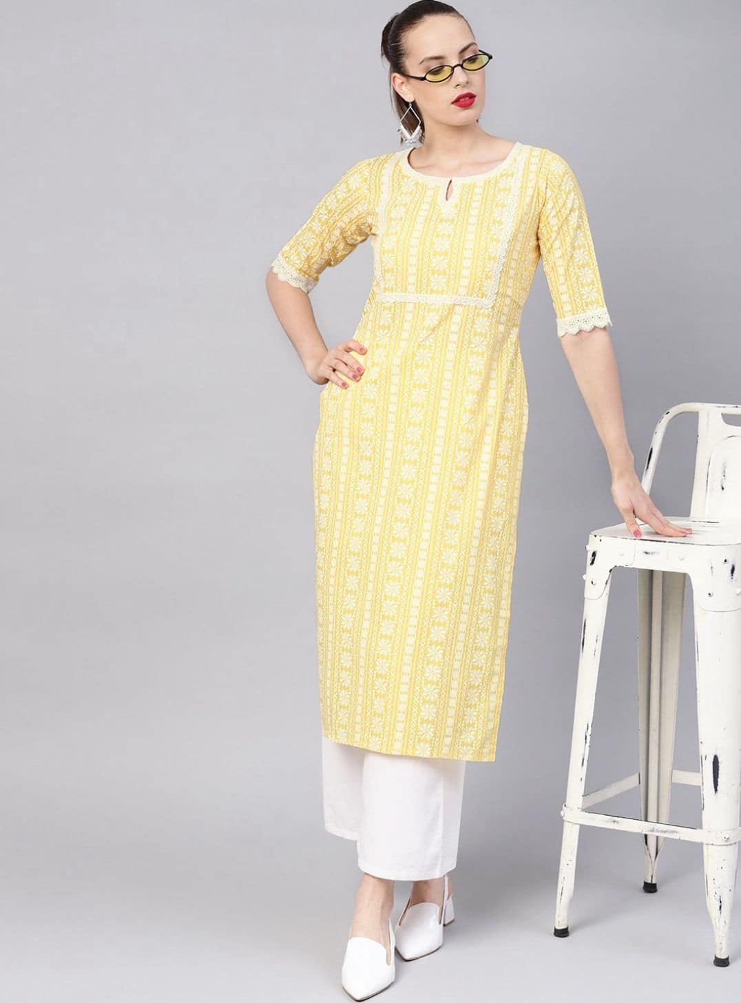 Libas Women Yellow & White Block Print Straight Kurta Libas Women Yellow & White Block Print Straight Kurta