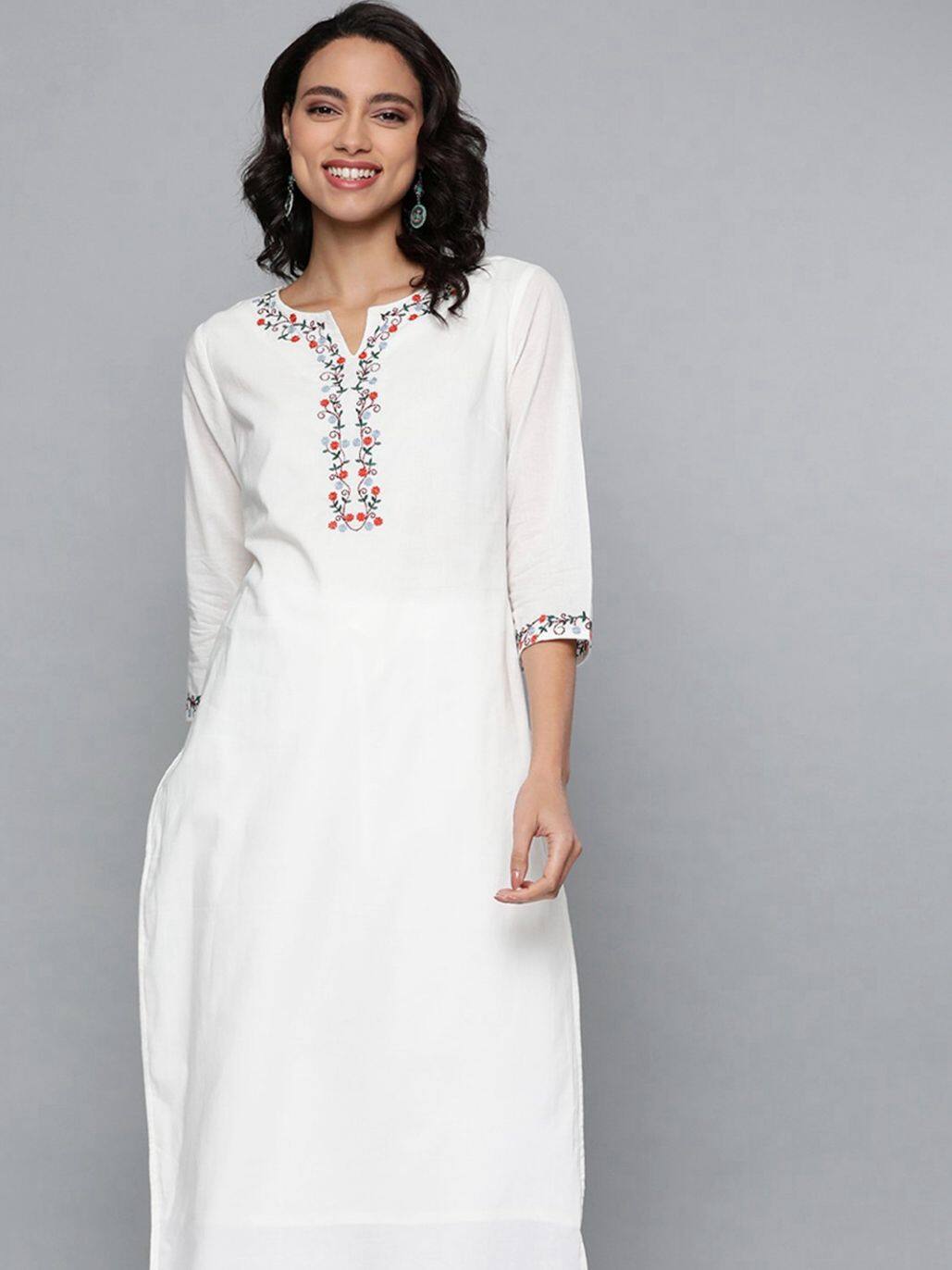 HERE&NOW Women White Cotton Straight Thread Work Kurta HERE&NOW Women White Cotton Straight Thread Work Kurta