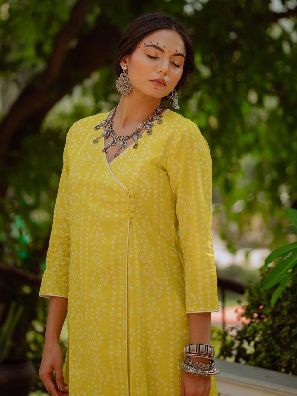 anayna Women Lime Green & Off White Bandhani Screen Print Cotton Angrakha Kurta anayna Women Lime Green & Off White Bandhani Screen Print Cotton Angrakha Kurta