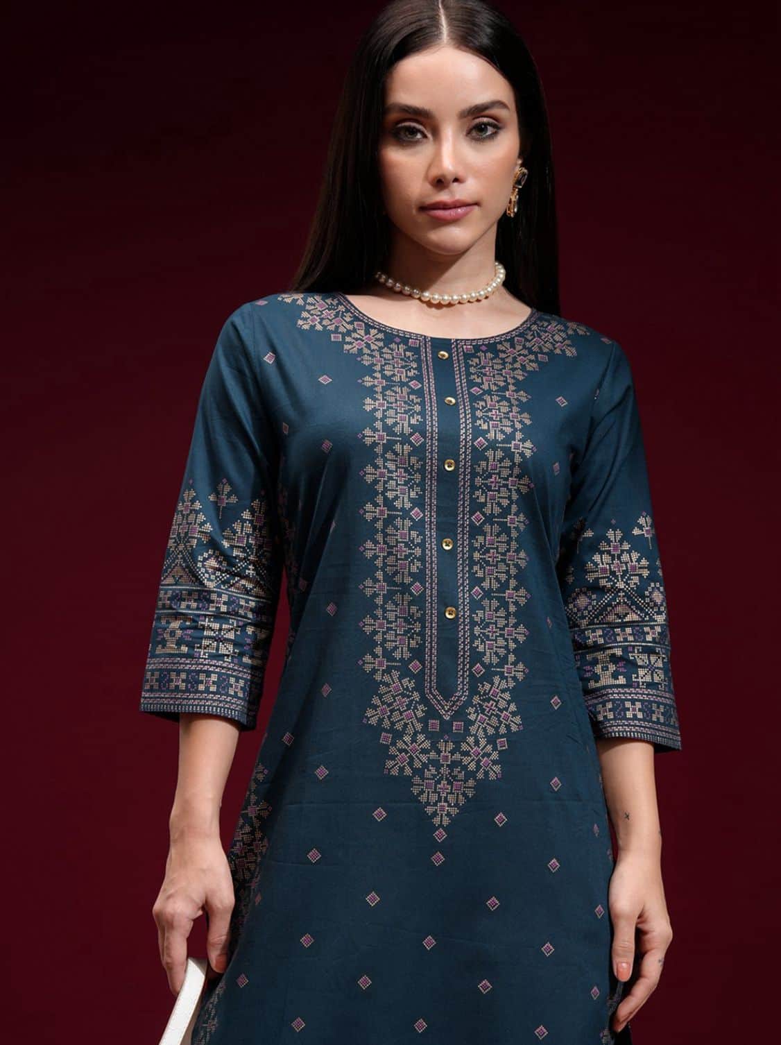 Vishudh Women Navy Blue Printed A-Line Kurta Vishudh Women Navy Blue Printed A-Line Kurta