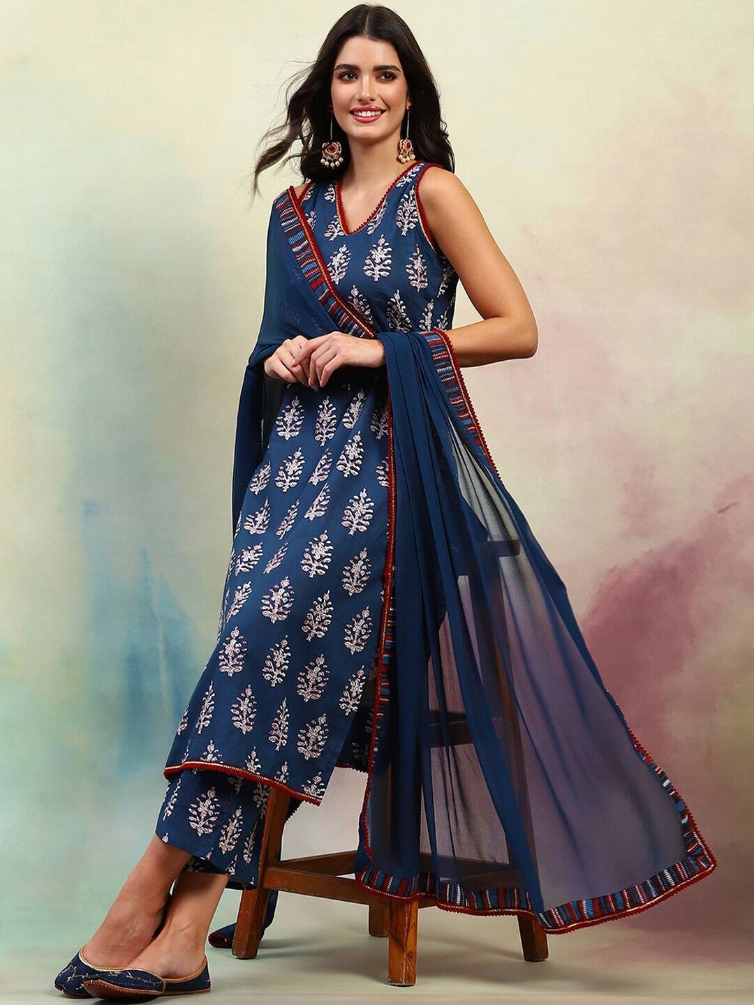 Khushal K Ethnic Motifs Printed Sleeveless Kurta with Palazzo &amp; Dupatta