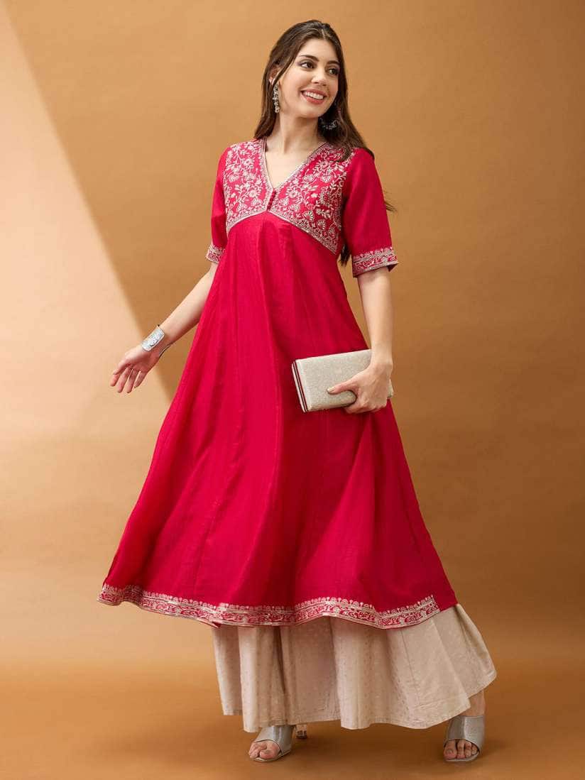 Globus Sequinned Floral Embroidered Yoke V-Neck Alia Cut A-Line Festive Kurta