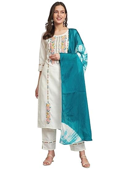 VredeVogel Women Cotton Blend Embroidered Fabric Kurta Pant Set With Dupatta