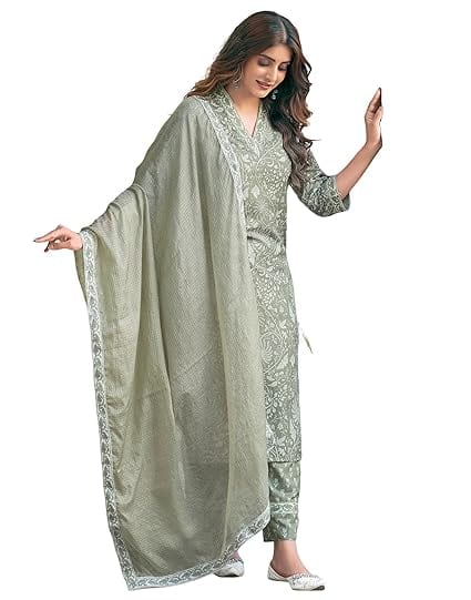 INDO ERA Women's Cotton Yoke Design Straight Kurta Pant with Dupatta Set