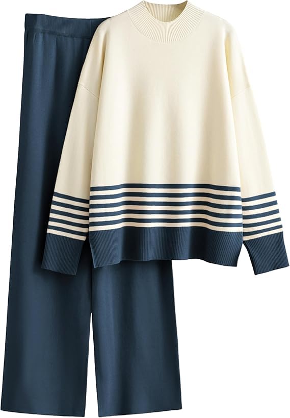 Kvetoo Women Winter Coord Set Wool Blend Tracksuit High Neck Sweater and Wide Leg Pants