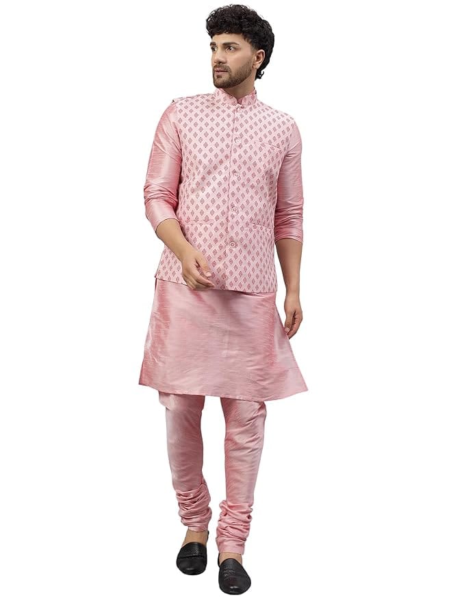 LATEST CHIKAN Men's Silk Blend Kurta Pyjama Set with Jacquard Nehru Jacket