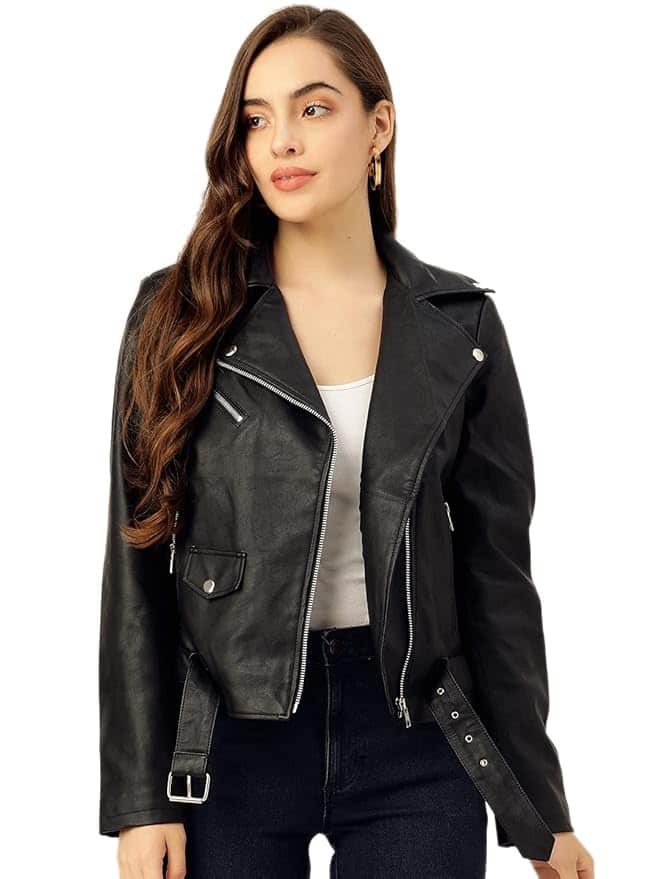 Leather Retail® Full Sleeve Black Solid Jacket for Women’s Biker Style