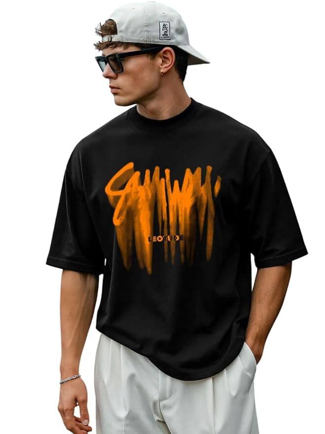 LEOTUDE Half Sleeve Oversized Cotton Blend Round Neck Printed Men's T-Shirt