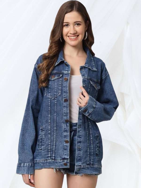 Funday Fashion Women Spread Collar Washed Self-Design Casual Denim Jacket