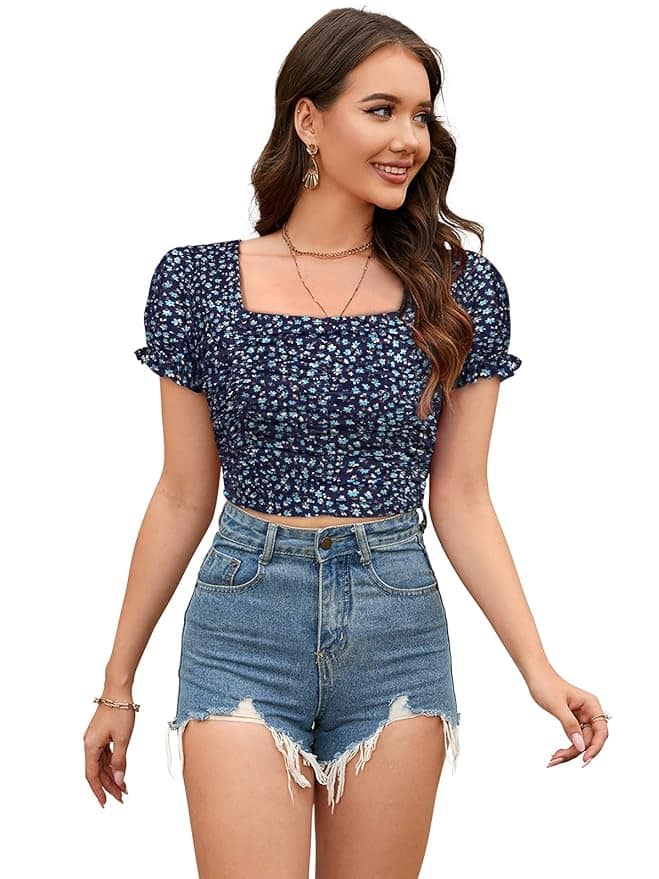 LONDON BELLY Women's Solid | Floral Puff Sleeve Elastic Crop Top
