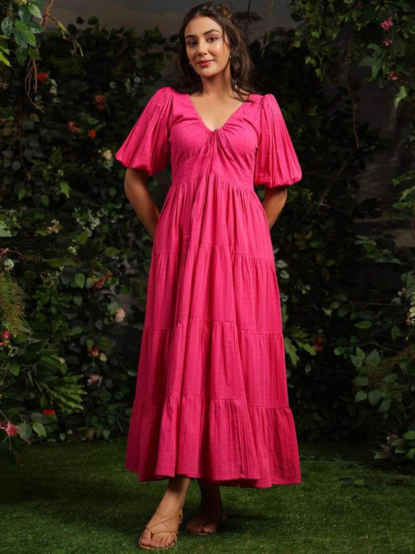 Anayna Women Checked Cotton Fit &amp; Flare Maxi Dresses