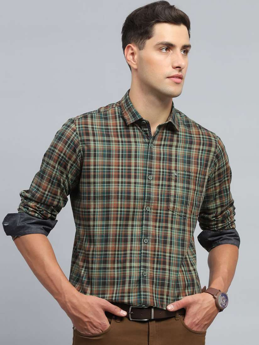  Monte Carlo Men Spread Collar Tartan Checked Cotton Formal Shirt