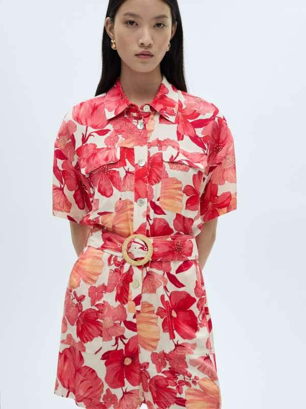 MANGO Floral Belted Playsuit