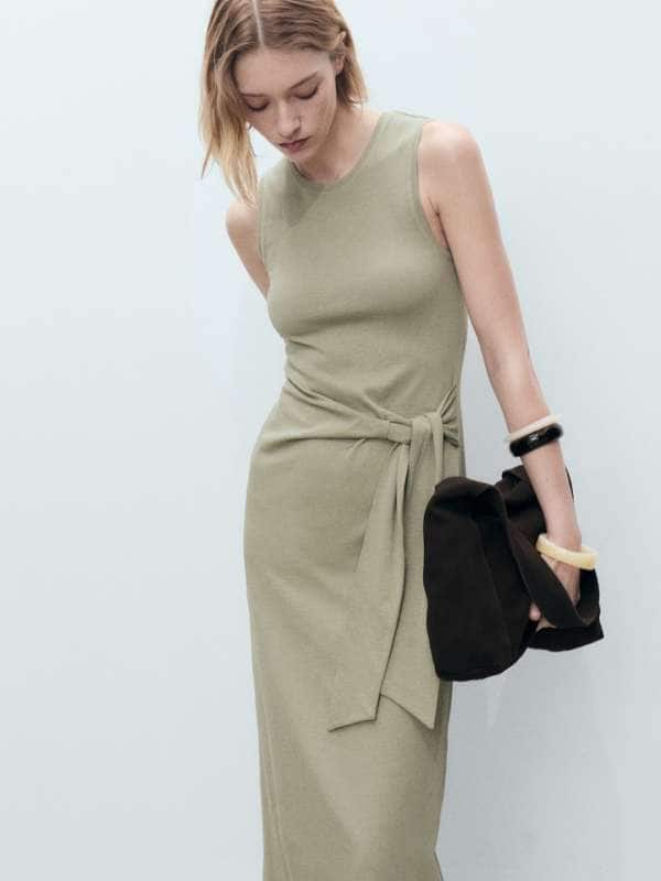 Mango Knotted Pure Cotton Sheath Midi Dress