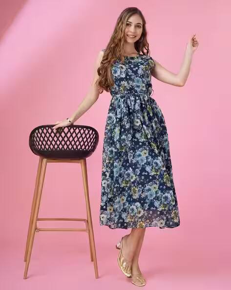 MOJILAA Women's Navy Blue Georgette Floral Printed Flared Dress With Belt MOJILAA Women's Navy Blue Georgette Floral Printed Flared Dress With Belt