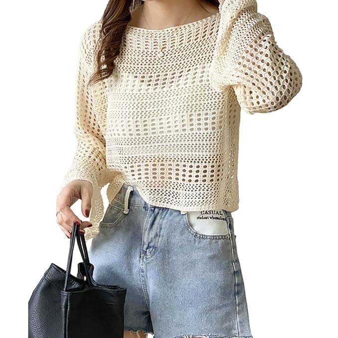 MYSTIFY Women Short Openwork Sunscreen Knitted Pullover MYSTIFY Women Short Openwork Sunscreen Knitted Pullover