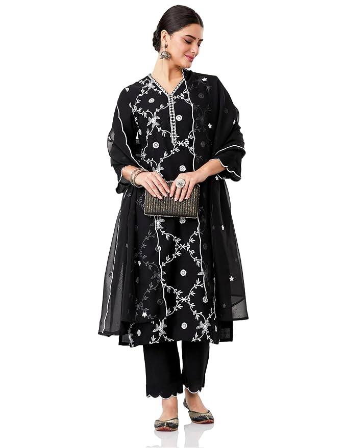 Amazon Brand - Myx Women's Rayon Blend Embroidered Kurta Pant Set with Organza Dupatta