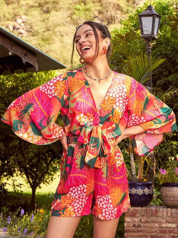 SASSAFRAS Orange & Green Floral Printed Front Tie Knot Playsuit SASSAFRAS Orange & Green Floral Printed Front Tie Knot Playsuit
