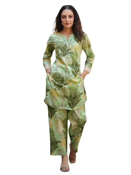  NAINVISH Women's Cotton Blend Green Printed V-Neck Co-ord Set