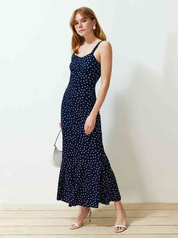  Trendyol Polka Dot Printed Shoulder Straps Sheath Maxi Dress