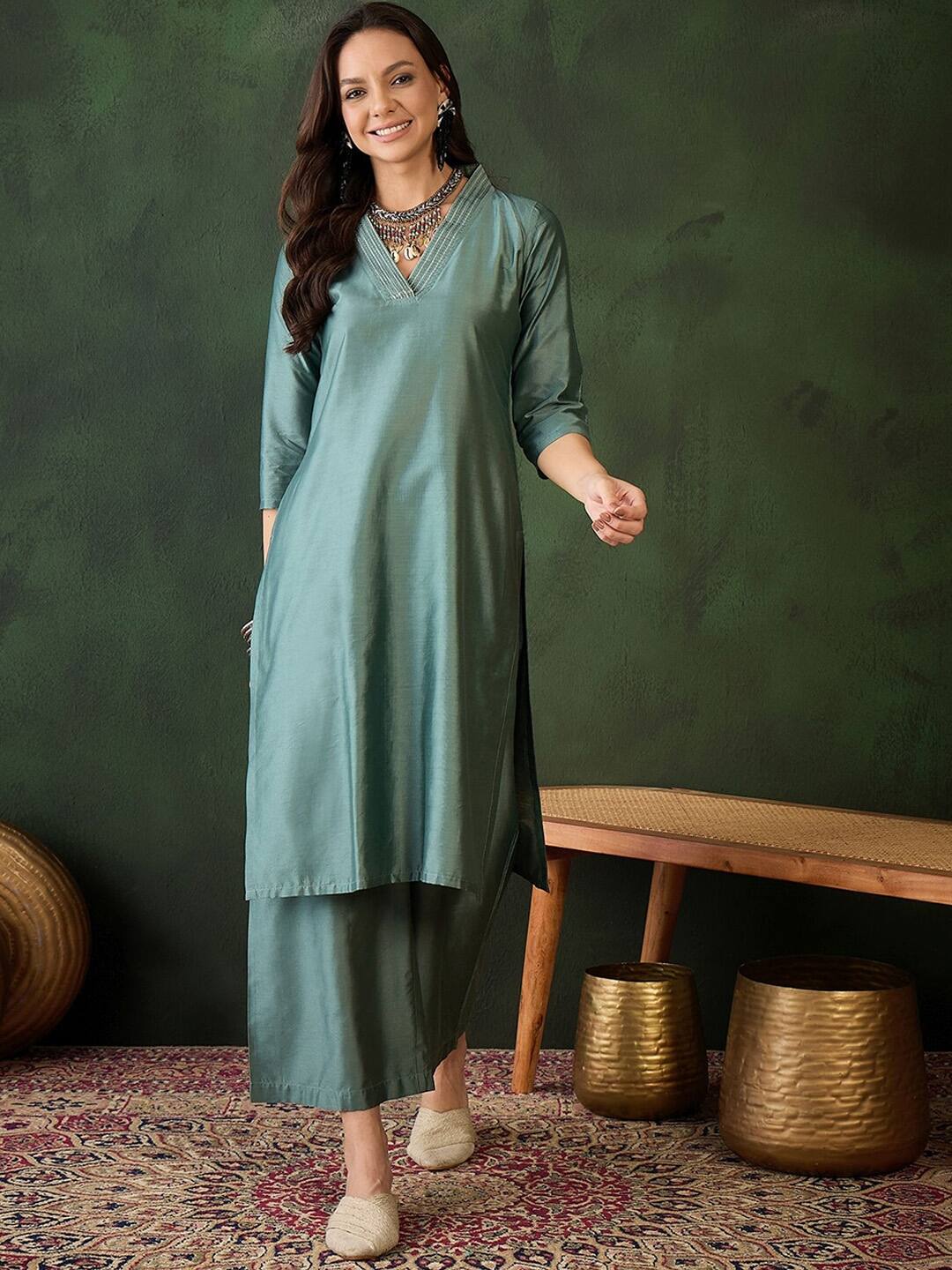 Sangria Women Three Quarter Sleeve Straight Kurta &amp; Salwar