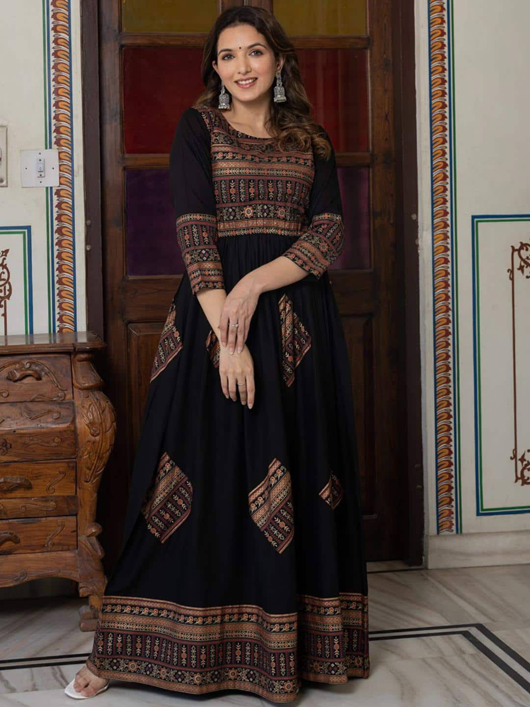  DAEVISH Ethnic Motifs Printed Fit and Flare Maxi Ethnic Dress