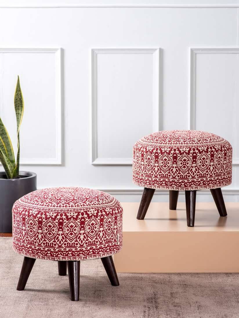 Nestroots Red Round Shape Wooden Sitting Ottoman