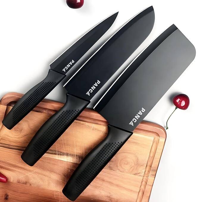  PANCA Knife Set of 3 with Cover – Stainless Steel Multipurpose Knives (Black)